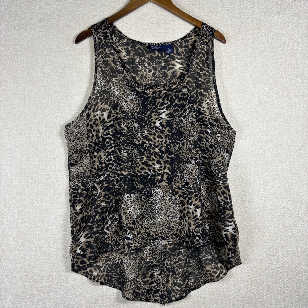Mileage Womens 2X Leopard Animal Print Sheer High Low Sleeveless Blouse Top